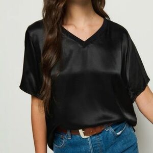 Nation LTD June Sateen V-neck Shirt Black Size XL Satin NWT